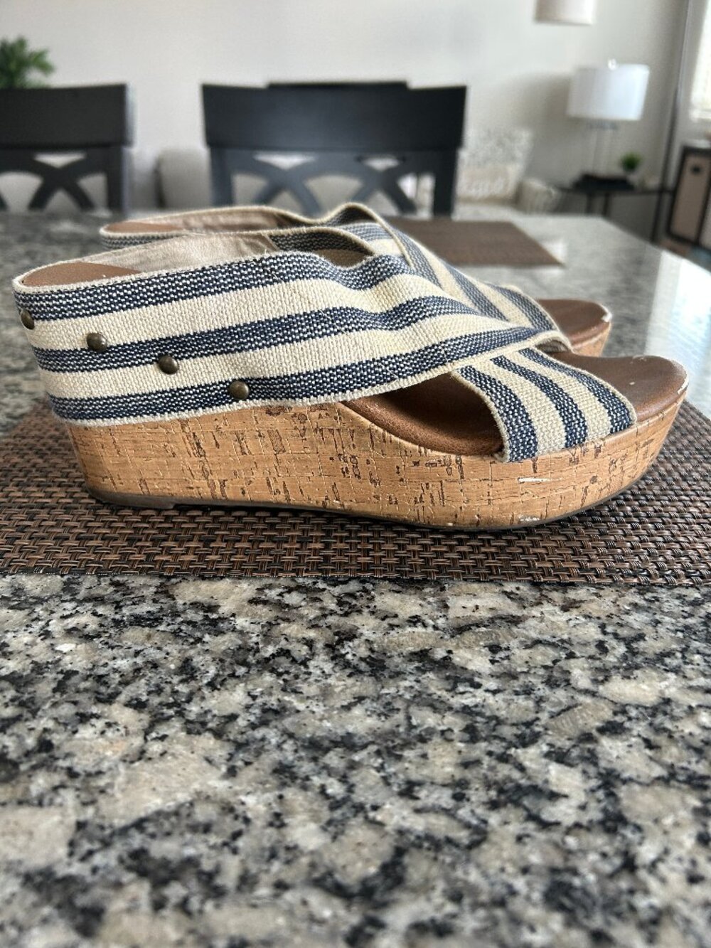 Sonoma Cork Wedge Sandals - Stripped Tan And Blue Wedge Sandals - Size 7 1/2